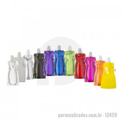 Squeeze dobrável personalizado - Squeeze dobrável de plástico com 480ml. Squeeze colorido acinturado com moSquetão superior de acordo com a cor do squeeze, possui tampa de bico texturizada e protetor plástico para o bico(com alça).