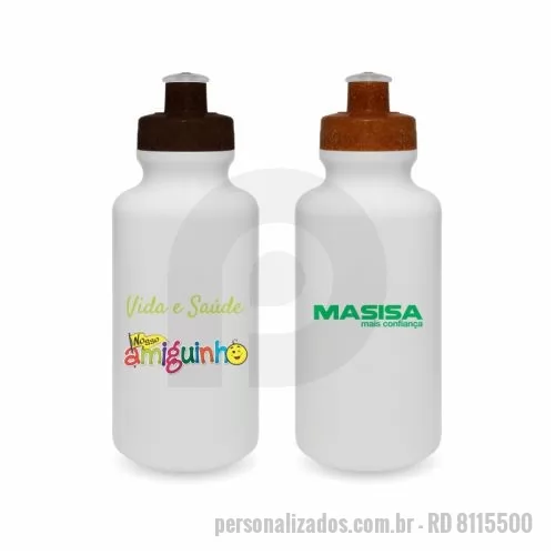 Squeeze ecológico personalizado - Squeeze Promocional PE resistente e flexível, tampa feita com 50% de fibra natural de madeira ou coco e bico em PVC, materiais atóxicos. Capacidade de 500 ml.