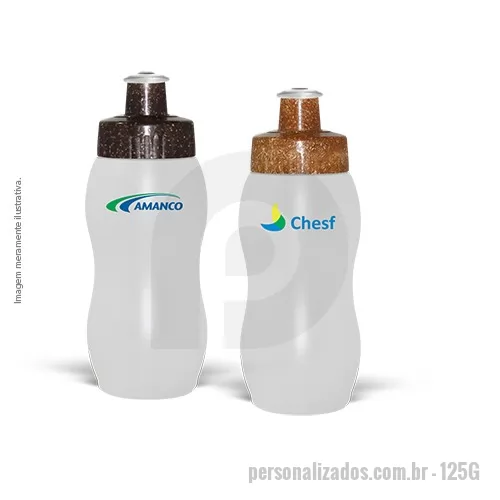 Squeeze ecológico personalizado - Squeeze Wave com corpo de Plástico Premium (PE) resistente e flexível, tampa rosqueável feita com 50% de Fibra Natural de Coco ou Madeira e 50% Plástico Premium (PP) com bico em PVC cristal, todos atóxicos. Tampas ecossustentáveis com acabamento e vedação impecável. Capacidade de 250 ml.