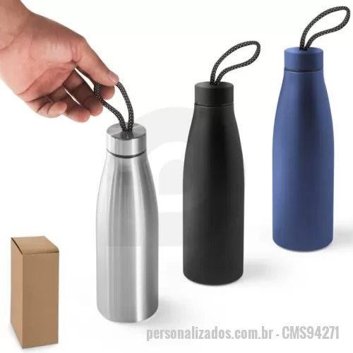 Squeeze ecológico personalizado - Squeeze em aço inox (90% reciclado), de parede simples. Tampa em aço inox com pega num padrão suave, para fácil transporte. Capacidade até 710 mL. Fornecida em caixa presente kraft. Certificação EU Food Grade. ø70 x 232 mm