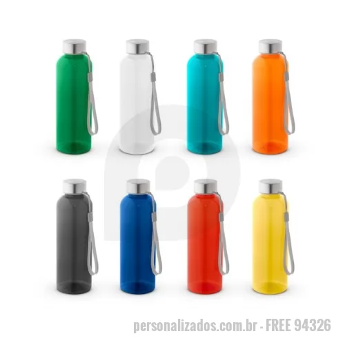 Squeeze ecológico personalizado -  Squeeze em rPET 100% reciclado e tampa em aço inox 580 mL Squeeze em rPET 100% reciclado e tampa em aço inox, com pega em corda para facilitar o transporte. Capacidade até 580 mL. Caixa branca 94656 vendida opcionalmente. Certificação EU Food Grade. ø65 x 210 mm