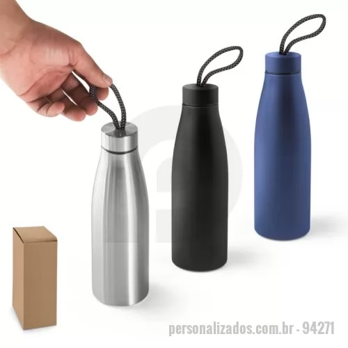 Squeeze ecológico personalizado - Squeeze em aço inox (90% reciclado), de parede simples. Tampa em aço inox com pega num padrão suave, para fácil transporte. Capacidade até 710 mL. Fornecida em caixa presente kraft. Certificação EU Food Grade. ø70 x 232 mm