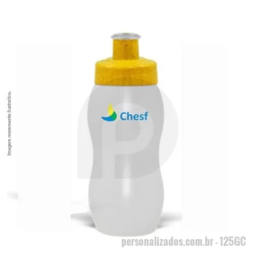 Squeeze ecológico personalizado - Materia Prima resistente e flexível, tampa rosqueável  feita com 50% de Fibra Natural de Madeira e bico em PVC cristal. Acabamento e vedação impecável. Capacidade de 250 ml.