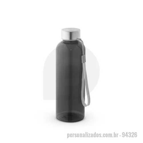Squeeze ecológico personalizado - Squeeze em PET 100% reciclado e tampa em aço inox, com pega em corda para facilitar o transporte. Capacidade até 580 mL