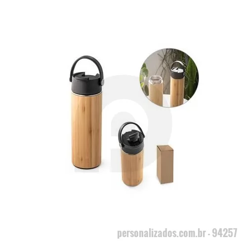 Squeeze ecológico personalizado - Squeeze térmico em bambu e aço inox com corpo duplo, isolamento a vácuo e tampa em PP. Capacidade até 440 mL. Preserva as bebidas quentes por 8 horas e as bebidas frias por 24 horas.