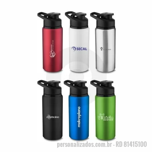 Squeeze metálico personalizado - Squeeze em alumínio personalizado corpo colorido e tampa preta. Capacidade de 600ml. 