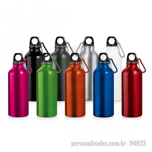 Squeeze metálico personalizado - Squeeze em alumínio com mosquetão e acabamento brilhante. Capacidade 500ml. Disponível nas cores: preto, grafite, prata, branco, azul, vermelho, laranja, rosa e verde.