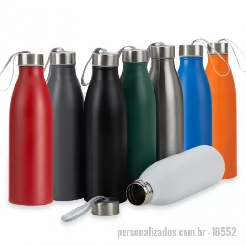 Squeeze metálico personalizado - Garrafa de inox 750ml com tampa rosqueável e alça de nylon embutida.