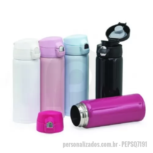 Squeeze metálico personalizado - Squeeze garrafa personalizada produzido em metal inox, com capacidade de até 400 ml e tampa plástica atóxica rosqueável e anel de vedação em silicone para evitar vazamento.