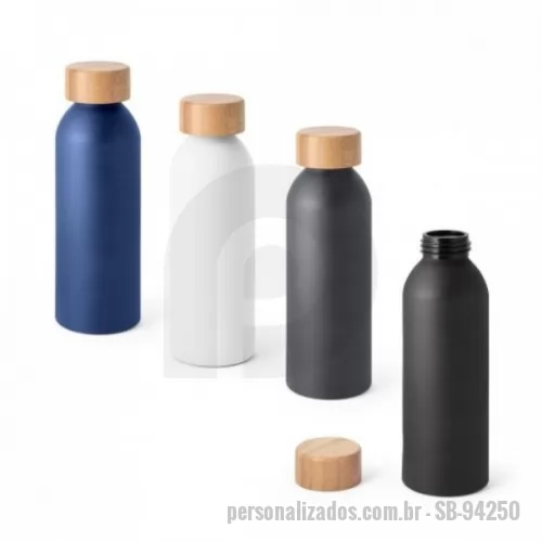 Squeeze metálico personalizado - Squeeze de alumínio com acabamento mate e tampa em bambu. Capacidade até 550 mL. Food grade.