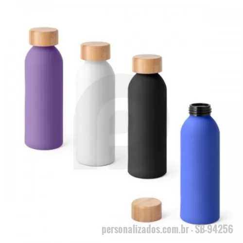 Squeeze metálico personalizado - Squeeze em alumínio com acabamento emborrachado e tampa em bambu. Capacidade até 550 ml. Food grade. 
