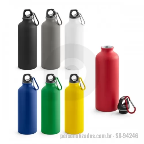 Squeeze metálico personalizado - Squeeze em alumínio com acabamento mate e mosquetão para facilitar o transporte. Capacidade até 550 mL. Food grade. 