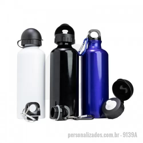 Squeeze metálico personalizado - Squeeze 500ml de alumínio com pintura metalizada, tampa rosqueável e acompanha um segundo bico com mosquetão (não é térmico).  Medidas aproximadas para gravação (CxL):  14,3 cm x 6 cm  Tamanho total aproximado  (CxL):  21,3 cm x 6,5 cm  Peso aproximado (g):  95