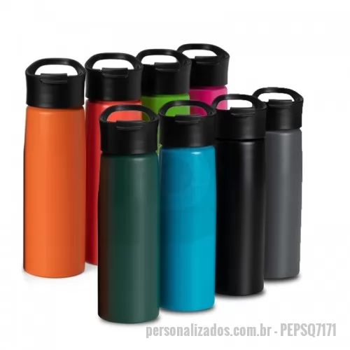 Squeeze metálico personalizado - Squeeze de metal 750ml com pintura fosca. Squeeze com tampa plástica rosqueável, alça e tampa protetora para o bocal. Ideal para brindes promocionais e eventos corporativos. Ideal para brindes promocionais e eventos corporativos.