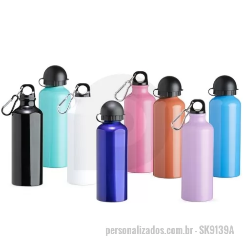 Squeeze metálico personalizado -  Squeeze 500ml de alumínio com pintura metalizada, tampa rosqueável e acompanha um segundo bico com mosquetão (não é térmico).