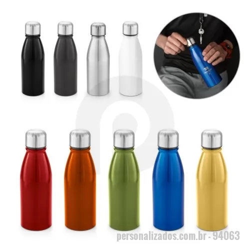 Squeeze metálico personalizado - Squeeze em alumínio com tampa em aço inox. Capacidade até 500 mL. Caixa branca 94656 vendida opcionalmente. Certificação EU Food Grade. ø67 x 205 mm
