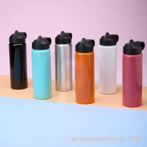Squeeze metálico personalizado -  Squeeze de alumínio com capacidade para 800ml. Tampa plástica com bico flip e alça para transporte embutida.