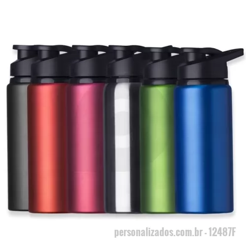 Squeeze metálico personalizado - Squeeze alumínio de 600ml com pintura fosca. Squeeze com tampa plástica rosqueável, alça e tampa protetora para o bocal.
