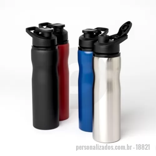 Squeeze metálico personalizado - Squeeze feito em inox com 750ml. Possui tampa plástica, bocal com tampa protetora e alça para transporte. Este brinde será o parceiro de atividades físicas perfeito.