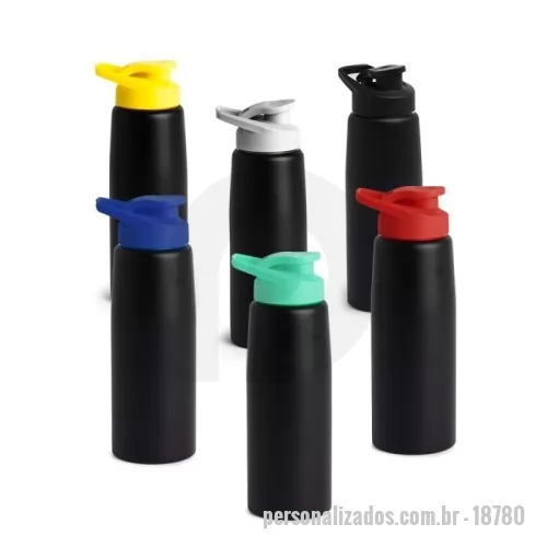 Squeeze metálico personalizado - Squeeze inox de 880ml com pintura fosca. Possui tampa plástica rosqueável, alça e tampa protetora para o bocal.