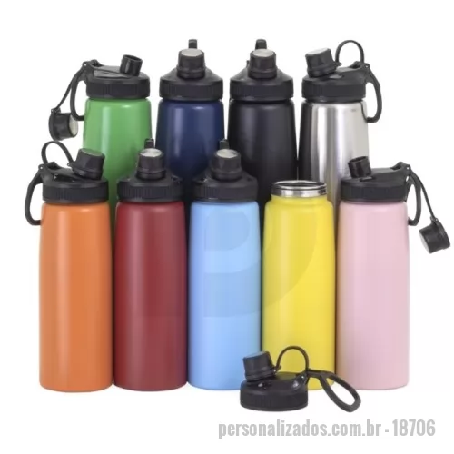 Squeeze metálico personalizado - Squeeze inox 900ml com tampa plástica, bocal com tampa protetora e alça para transporte.