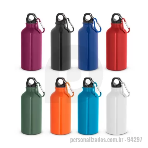 Squeeze metálico personalizado - Squeeze esportiva em alumínio com acabamento brilhante, com mosquetão para facilitar o transporte. Capacidade até 400 mL. Caixa branca 94656 vendida opcionalmente. ø66 x 176 mm