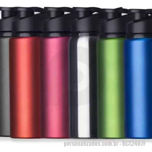 Squeeze metálico personalizado - Squeeze alumínio de 650ml com pintura fosca. Squeeze com tampa plástica rosqueável, alça e tampa protetora para o bocal.