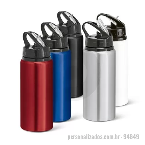 Squeeze metálico personalizado - Squeeze em alumínio e tampa PP, com bico de canudo flip e canudo flexível no interior. Capacidade até 670 mL. Caixa branca