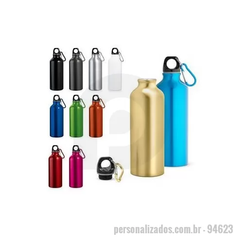 Squeeze metálico personalizado - Squeeze em alumínio com mosquetão para fácil transporte. Capacidade até 530 ml. Caixa branca 94656 vendida opcionalmente. Certificação EU Food Grade. ø66 x 210 mm
