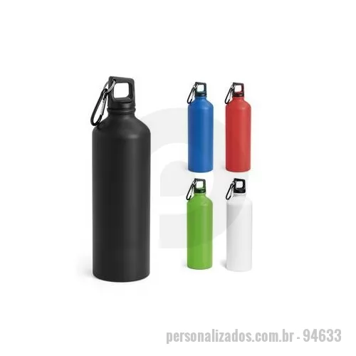 Squeeze metálico personalizado - Squeeze em alumínio com acabamento mate e tampa em PP, com mosquetão para fácil transporte. Capacidade até 800 ml. Caixa branca 94658 vendida opcionalmente. Certificação EU Food Grade. ø73 x 259 mm