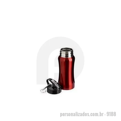 Squeeze metálico personalizado - Squeeze em inox com capacidade para até 500 ml. Possui tampa rosqueável em plástico com alça fixa e bico flip. Acompanha canudo interno removível e mosquetão metálico com argola. Altura : 20,6 cm Largura : 7,3 cm Diâmetro : 5 cm Peso aproximado g : 1
