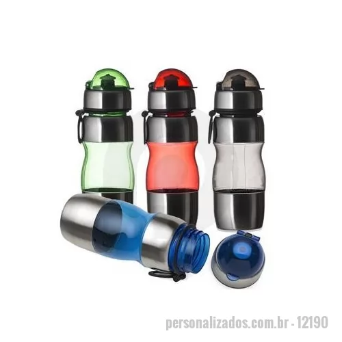 Squeeze metálico personalizado - Descrição: Squeeze de alumínio 450ml com alça plástica e detalhes coloridos. Possui tampa de bico e tampa protetora de plástico resistente. Medidas aproximadas para gravação CxL : 4 cm x 6 cm Tamanho total aproximado CxL : 20,4 cm x 6,9 cm x 22 cm Pe