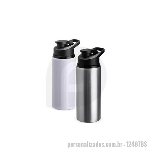 Squeeze metálico personalizado - Squeeze em alumínio com pintura de acabamento brilhante e capacidade máxima de 650 ml. Possui tampa rosqueável em plástico com alça fixa e tampa protetora para o bocal. Altura : 21,2 cm Largura : 8,5 cm Diâmetro : 5 cm Peso aproximado g : 114