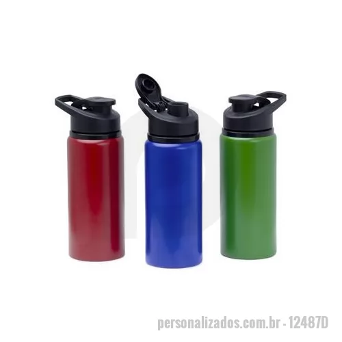 Squeeze metálico personalizado - Squeeze de alumínio com capacidade de 600ml com acabamento leitoso fosco, contém tampa plástica rosqueável, alça e tampa protetora para o bocal. Altura : 20,6 cm Largura : 8,7 cm Circunferência : 22,8 cm Tamanho total aproximado CxL : Diâmetro sem ta