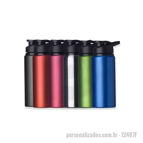 Squeeze metálico personalizado - Squeeze alumínio de 600ml com pintura fosca. Squeeze com tampa plástica rosqueável, alça e tampa protetora para o bocal. Altura : 21,1 cm Largura : 8,8 cm Circunferência : 22,6 cm Peso aproximado g : 113