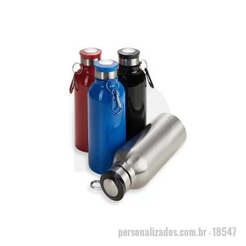Squeeze metálico personalizado - Descrição: Squeeze metálico 700ml com pintura colorida e detalhes em prata. Possui tampa rosqueável e acompanha chaveiro mosquetão. Altura : 21 cm Largura : 7,5 cm Circunferência : 23 cm Medidas aproximadas para gravação CxL : 14 cm x 6 cm Peso aprox