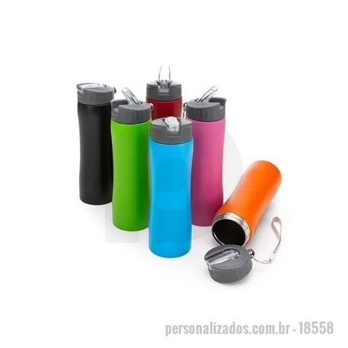 Squeeze metálico personalizado - Descrição: Squeeze metal 600ml com tampa rosqueável plástica e bico transparente de acionamento manual. Acompanha alça de nylon para transporte. Altura : 22 cm Largura : 7,2 cm Circunferência : 20,9 cm Medidas aproximadas para gravação CxL : 17 cm x 