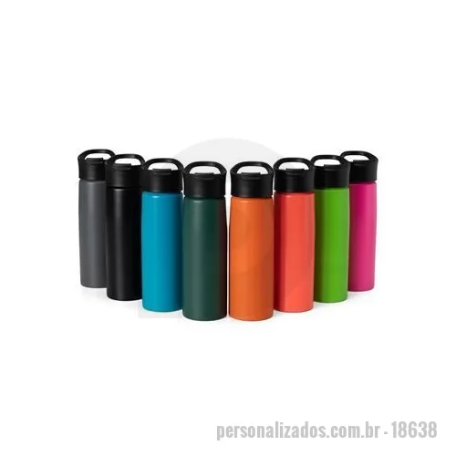 Squeeze metálico personalizado - Squeeze alumínio de 750ml com pintura fosca. Squeeze com tampa plástica rosqueável, alça e tampa protetora para o bocal. Altura : 24,5 cm Largura : 8,5 cm Circunferência : 23 cm Peso aproximado g : 132