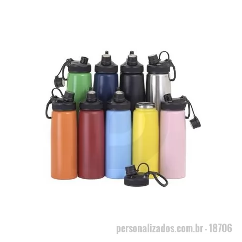 Squeeze metálico personalizado - Squeeze inox 900ml com tampa plástica, bocal com tampa protetora e alça para transporte. Altura : 25,8 cm Largura : 8,7 cm Circunferência : 24,5 cm Peso aproximado g : 194