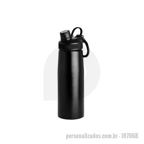 Squeeze metálico personalizado - A companhia perfeita para a hidratação diária! Com design elegante e durável, este squeeze conta com tampa plástica e um bocal com tampa protetora, garantindo que as bebidas permaneçam seguras e frescas. Sua alça para transporte facilita o uso em qua