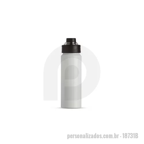 Squeeze metálico personalizado - Squeeze Alumínio 800ml, possui tampa rosqueável com proteção para bocal plástica e alças de nylon e plástica. Altura : 24,5 cm Largura : 7,7 cm Circunferência : 23 cm Peso aproximado g : 128