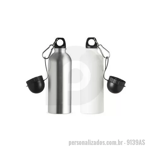 Squeeze metálico personalizado - Squeeze 500ml de alumínio com acabamento para sublimação, tampa rosqueável e acompanha um segundo bico com mosquetão não é térmico . Altura : 21,3 cm Largura : 6,5 cm Peso aproximado g : 95