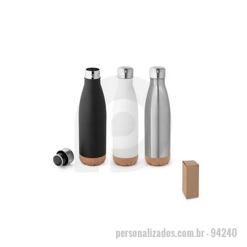 Squeeze metálico personalizado - Garrafa em aço inox de parede dupla térmica, isolada a vácuo, com tampa em aço inox e base em cortiça. Capacidade até 560 mL. Mantém as bebidas quentes por 8h e frias por 24h. Fornecido em caixa presente de papel kraft. Certificação EU Food Grade. ø7