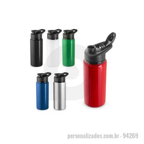 Squeeze metálico personalizado - Squeeze esportivo em alumínio com parede simples. Tampa com sistema de abertura flip top. Capacidade até 660 mL.