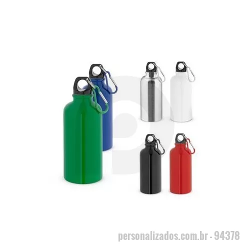 Squeeze metálico personalizado - Squeeze esportiva em aço inox, de parede simples e acabamento brilhante. A tampa tem um mosquetão que facilita seu transporte ou pode ser pendurado numa mochila. Capacidade até 560 ml. Caixa branca 94657 vendida opcionalmente. Certificação EU Food Gr