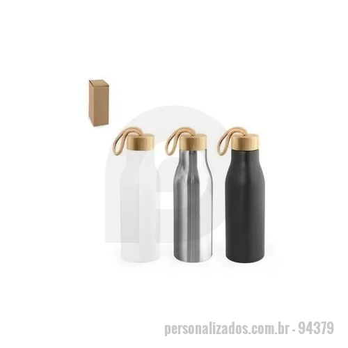 Squeeze metálico personalizado - Squeeze em aço inox 90% reciclado, de parede simples e acabamento em mate. A tampa em bambu incorpora uma alça para facilitar o transporte. Capacidade até 570 ml. Fornecido em caixa presente de papel kraft reciclado. Certificação EU Food Grade. A cor