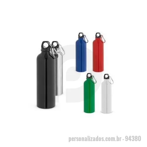 Squeeze metálico personalizado - Squeeze esportiva em aço inox de parede simples. A tampa tem um mosquetão que facilita seu transporte ou pode ser pendurado numa mochila. Capacidade até 820 ,l. Caixa branca 94657 vendida opcionalmente. Certificação EU Food Grade. ø72 x 252 mm