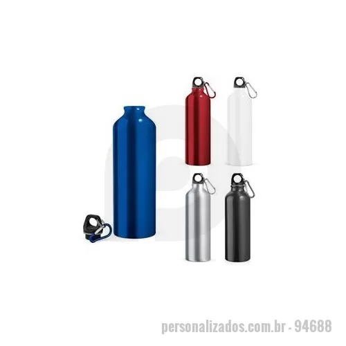 Squeeze metálico personalizado - Squeeze em alumínio com mosquetão para fácil transporte. Capacidade até 750 mL. Caixa branca 94657 vendida opcionalmente. Certificação EU Food Grade. ø73 x 247 mm