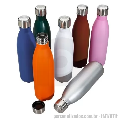 Squeeze metálico personalizado - Descrição: Garrafa 750ml em inox com tampa rosqueável e pintura fosca. Obs.: Não é um modelo térmico.  Altura :  27,5 cm  Largura :  7,3 cm  Circunferência :  23 cm  Medidas aproximadas para gravação (CxL):  14 cm x 6 cm  Peso aproximado (g):  189