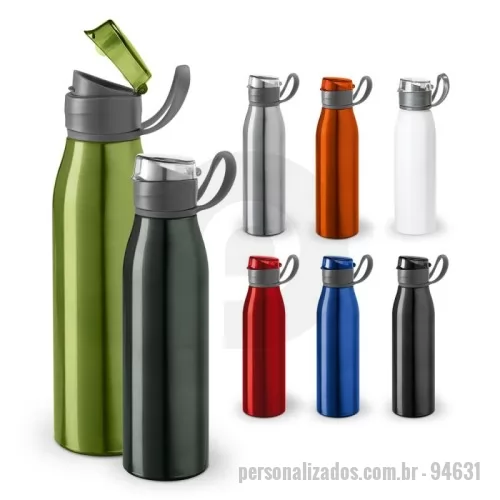 Squeeze metálico personalizado - Squeeze em alumínio e tampa flip flop em AS e PP, com alça em silicone para facilitar o transporte. Capacidade até 650 mL. Caixa branca 94657 vendida opcionalmente. Certificação EU Food Grade. ø66 x 250 mm
